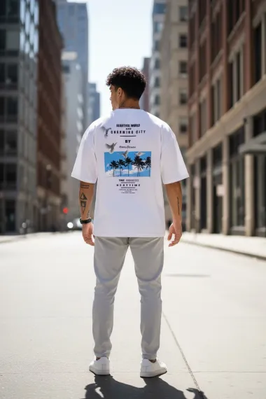 Tricou barbati alb, cu imprimeu pe spate, oversize 11820 P19-6.3